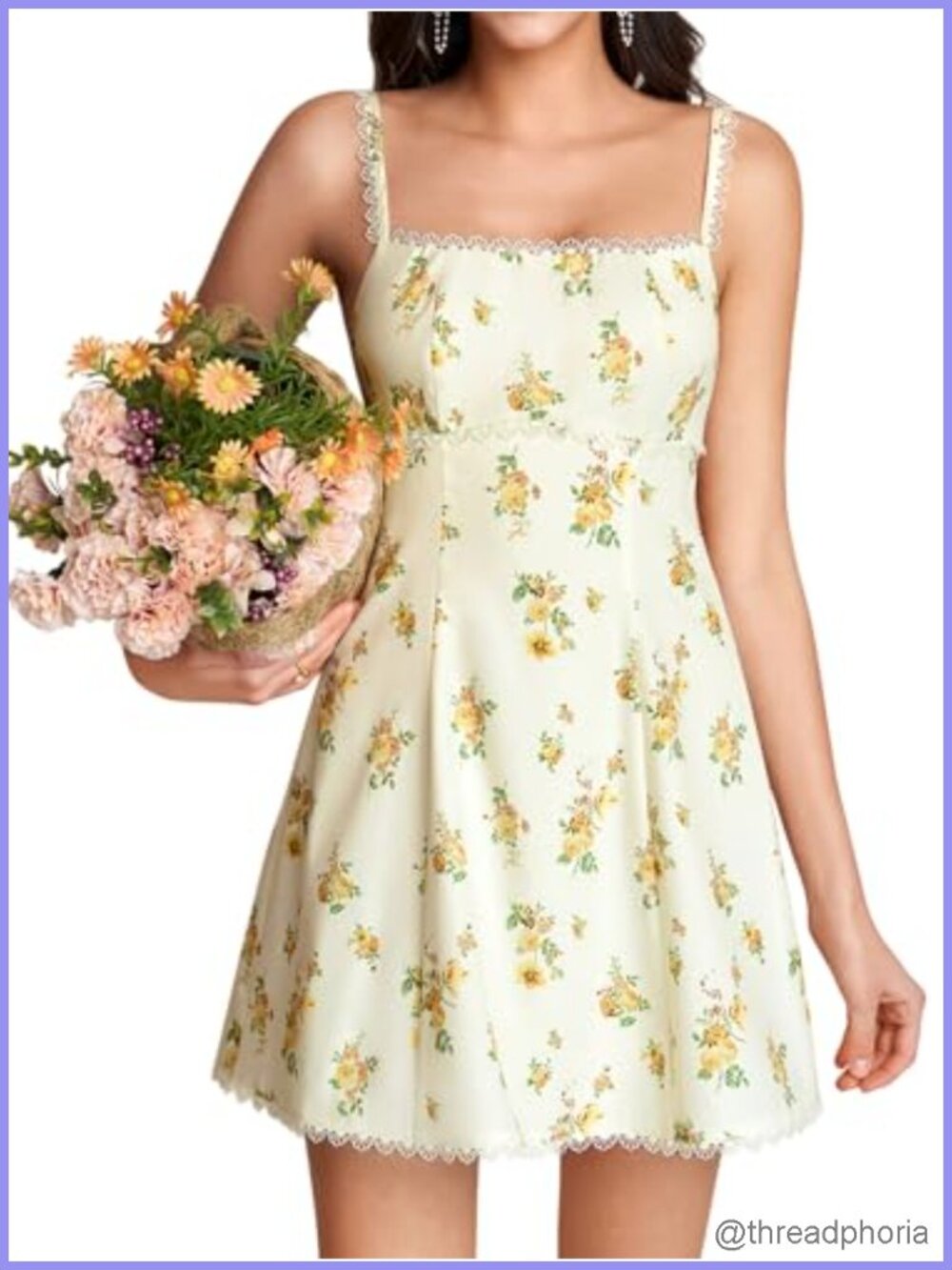 Floral Lace Mini Dress Square Neck Bow Tie Short Flowy A-Line Casual Summer